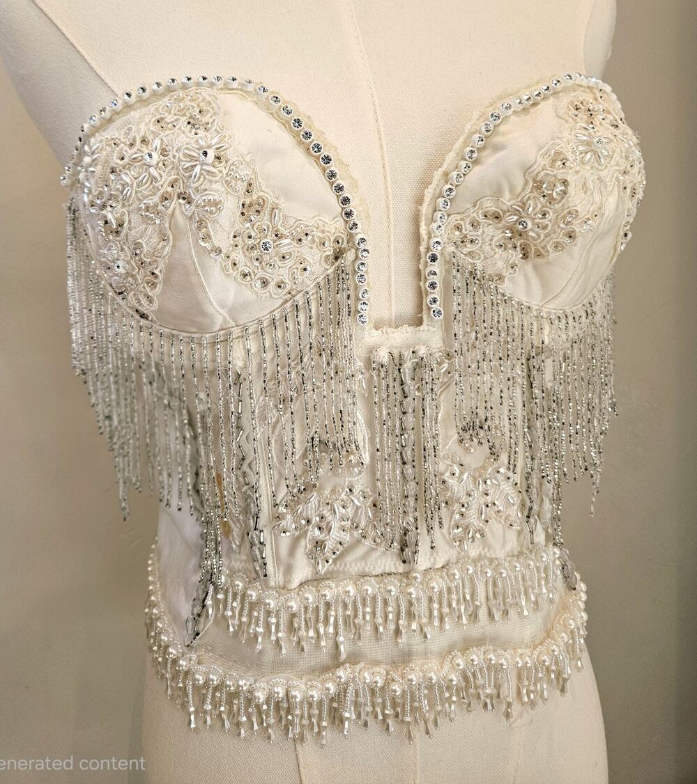 Vtg Lady Marlene Bridal Bustier Top 32B Ivory Beaded Fringe Corset Wedding 255